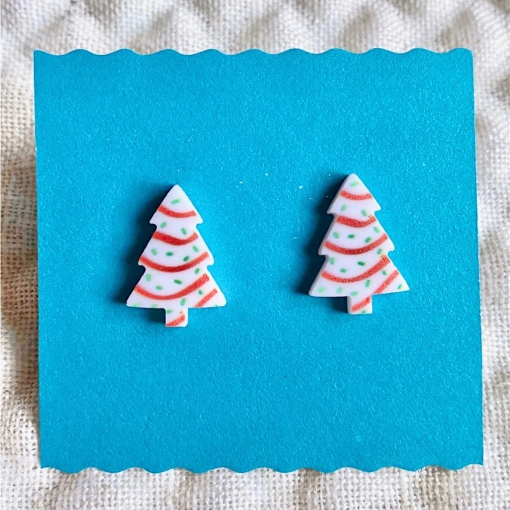 New Little Debbie Christmas Tree Snack Cake Holiday Stud Earrings - 0.75” - Picture 2 of 5
